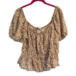 SO Brown Floral Smocked Peplum Off Shoulder Puff Sleeve Top Large Cutesy